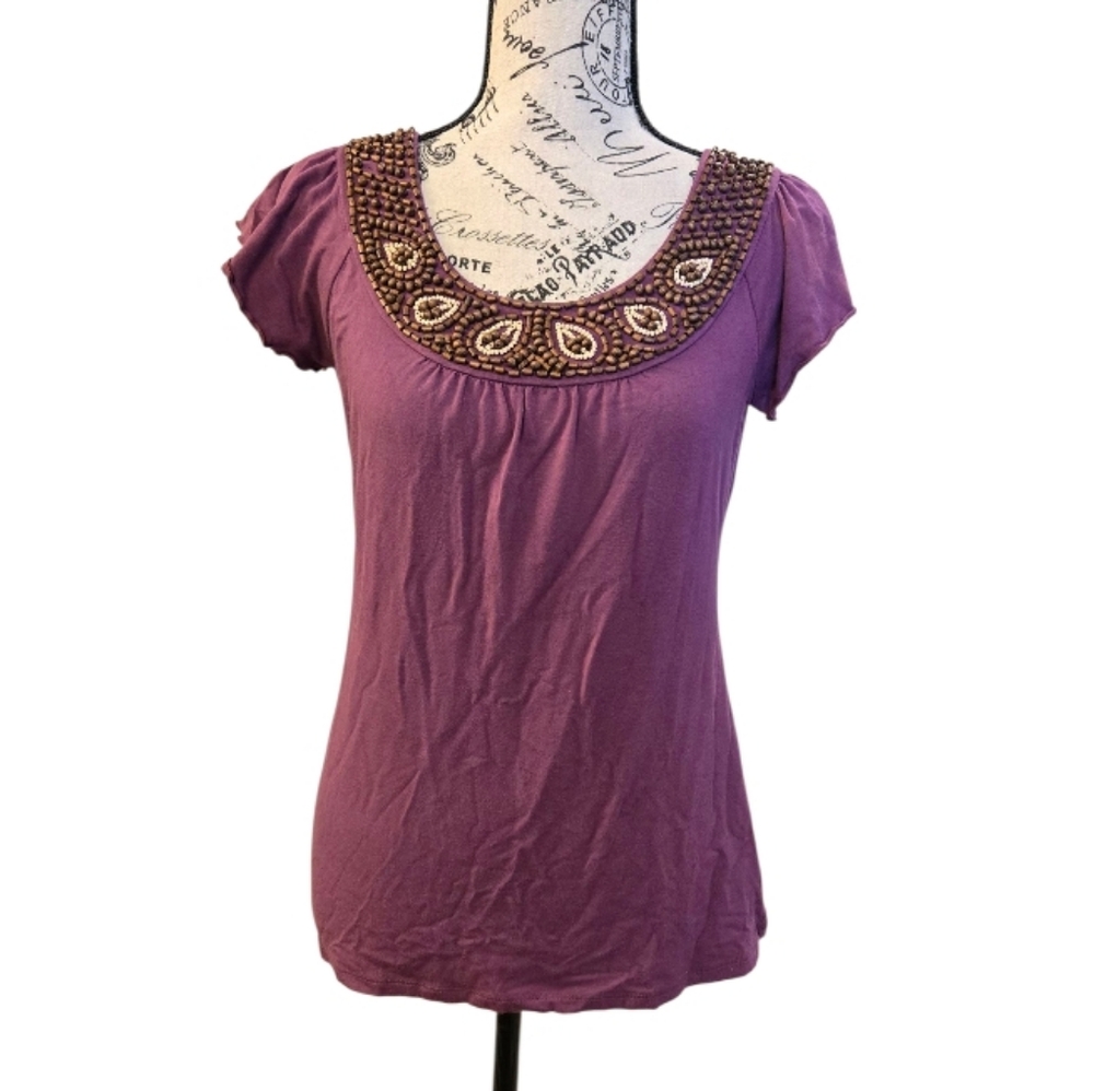 Style & Co. Mauve Beaded Short Sleeve Top